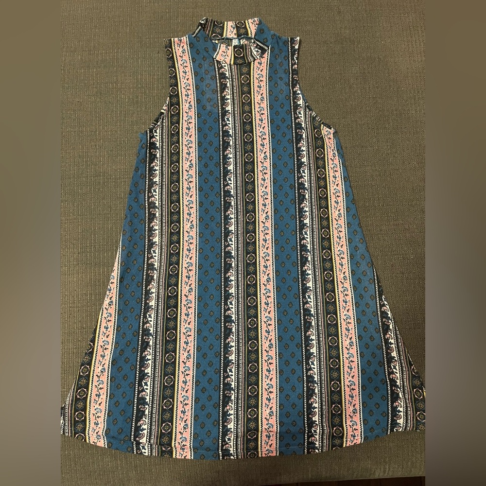 Sleeveless A-Line Striped Print Dress in Blue, Pink & Black